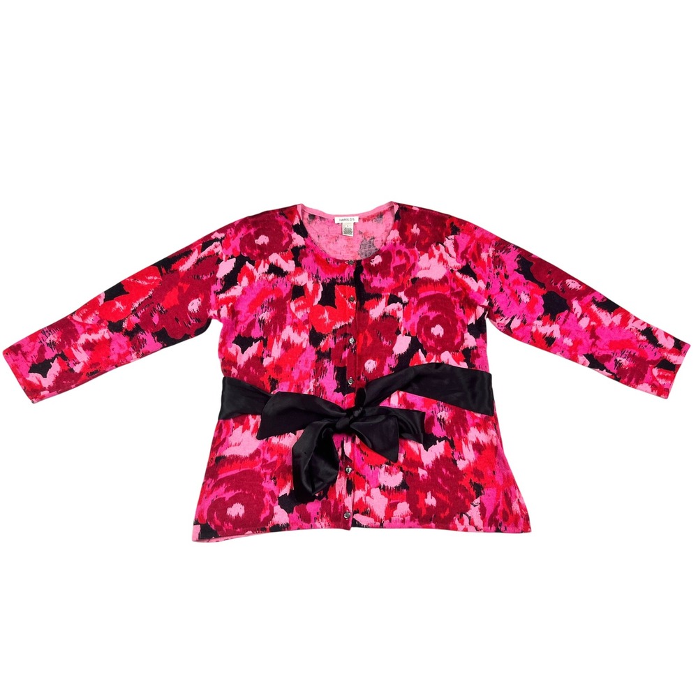 Harolds Silk Angora Cashmere Blend Floral Cardigan Pink Red Large Waist Tie